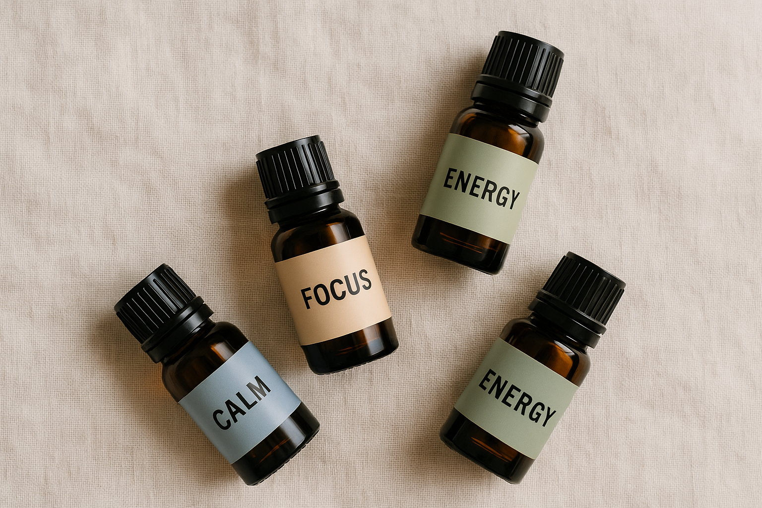 Three essential oil bottles with custom labels that read “Focus,” “Calm,” and “Energy” to represent scent anchoring.