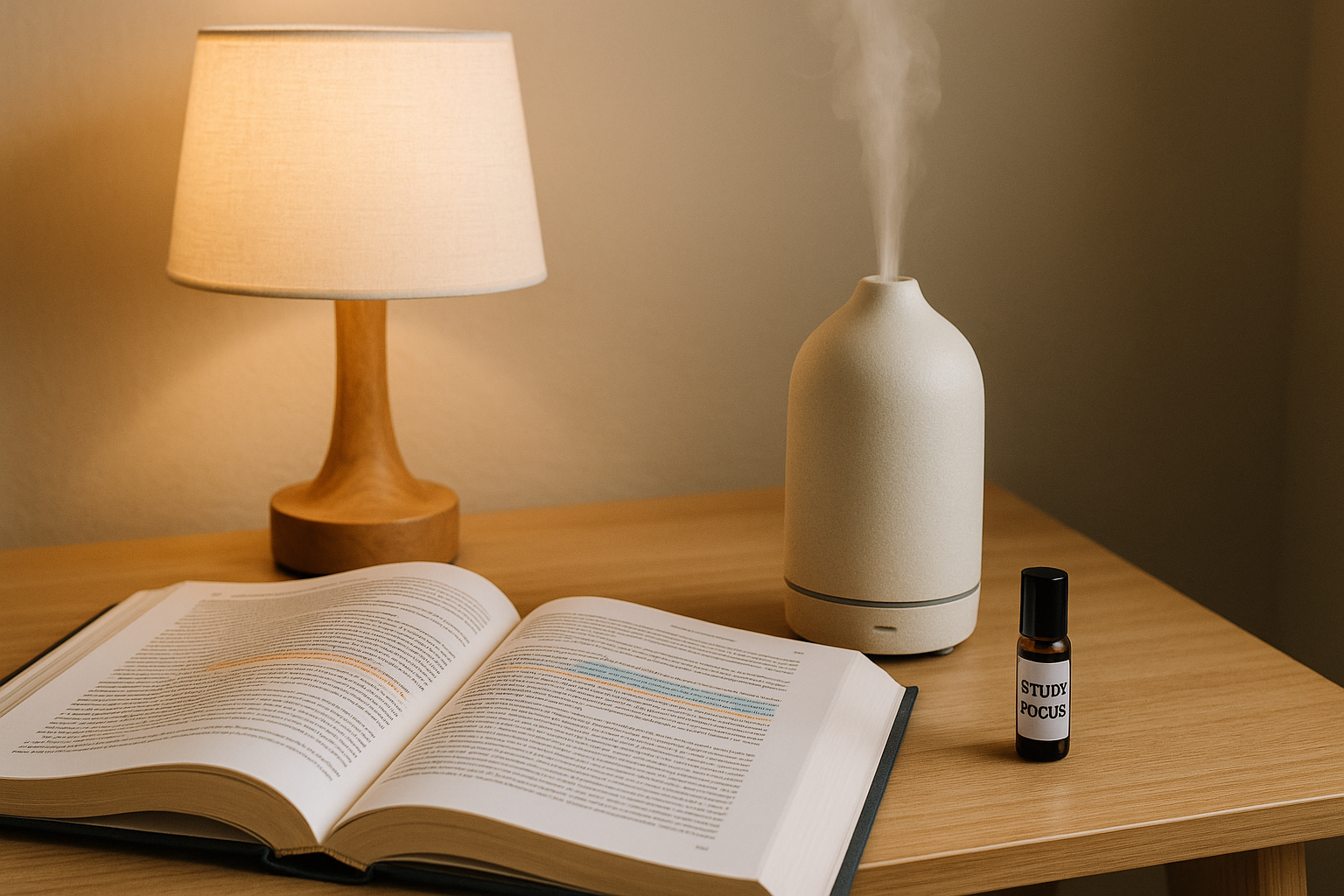 Cozy desk setup with open textbook, diffuser running, and a roller bottle labeled “Study Focus”